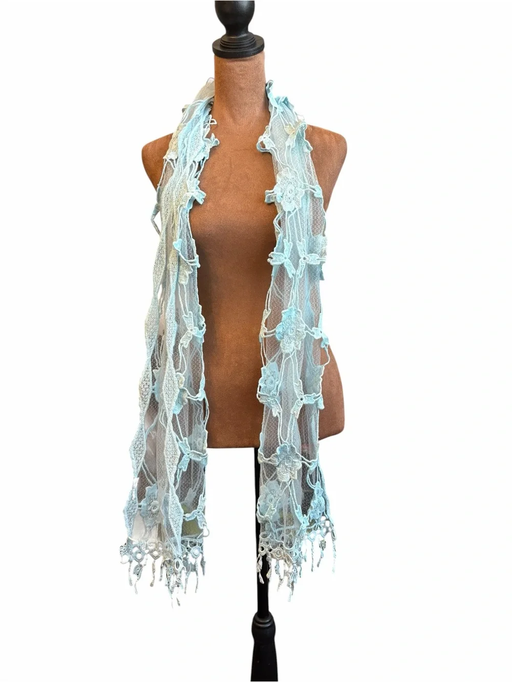 Sheer Baby Blue Floral Lace Scarf Fringe 76” Bohemian Coastal‎ Cowgirl Whimsical